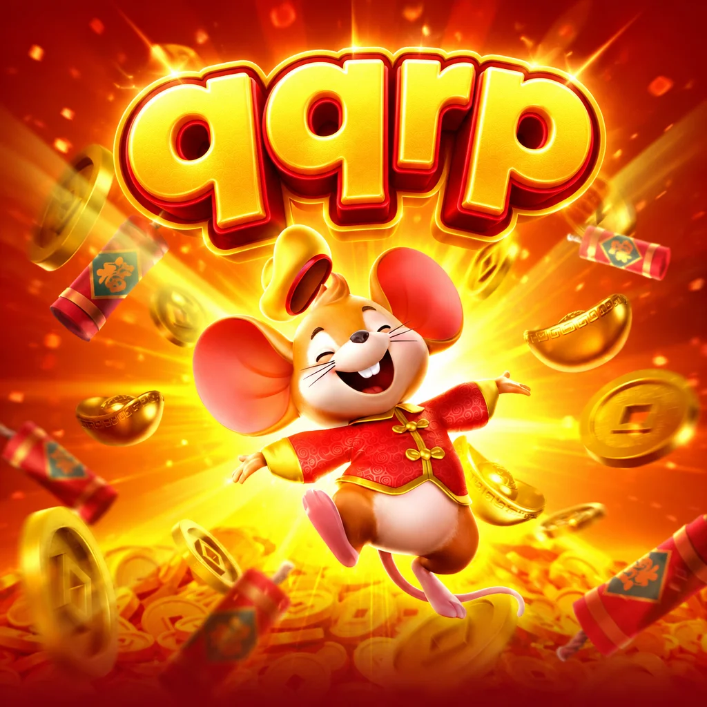 qqrp menampilkan karakter tikus keberuntungan dari Fortune Mouse di antara koin emas dan petasan